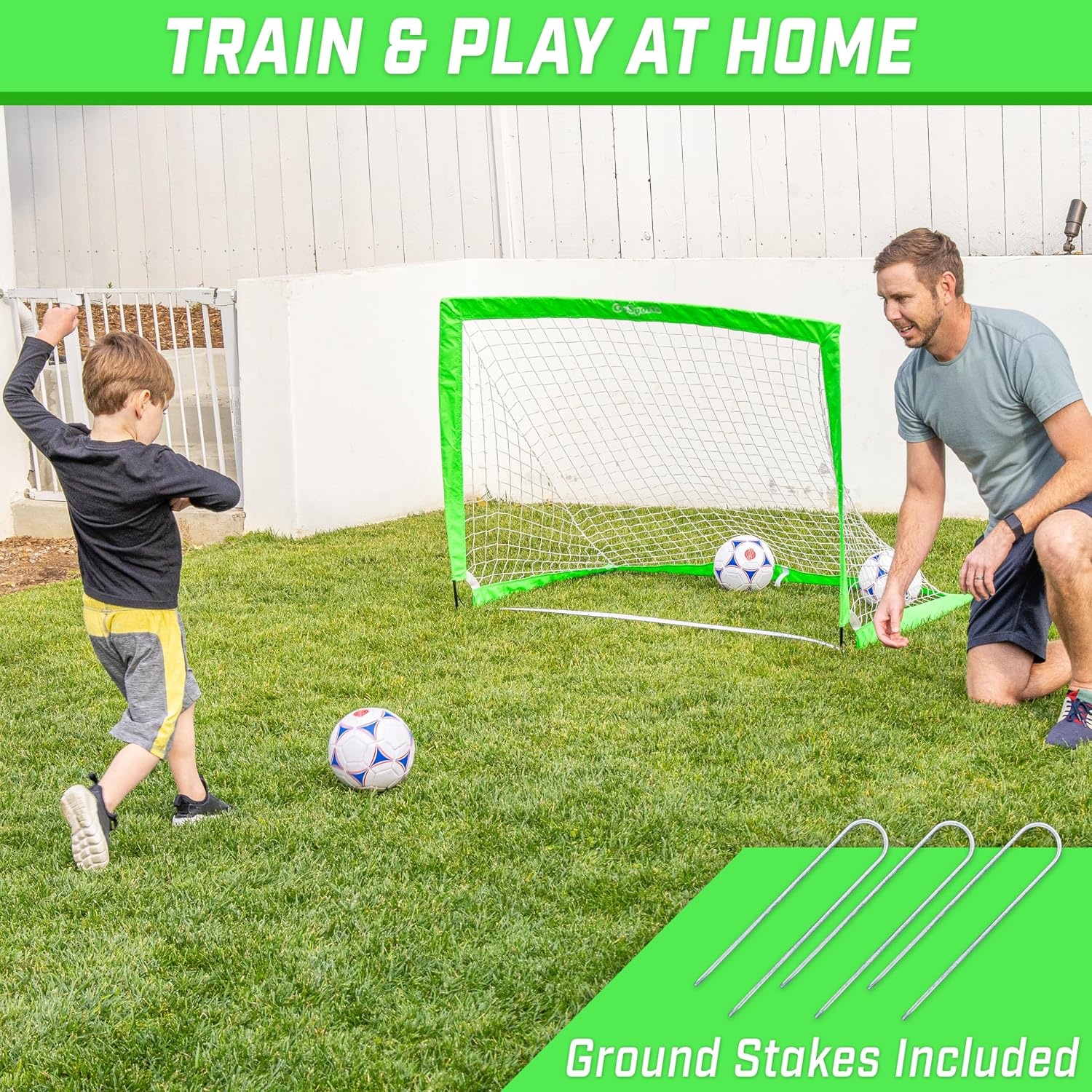 GoSports Portable Soccer Goals for Kids – 13 Color Options – Choose 4 x 3 ft or 6 x 4 ft – Team Tone Pop Up Nets for Backyard(Bright Green)