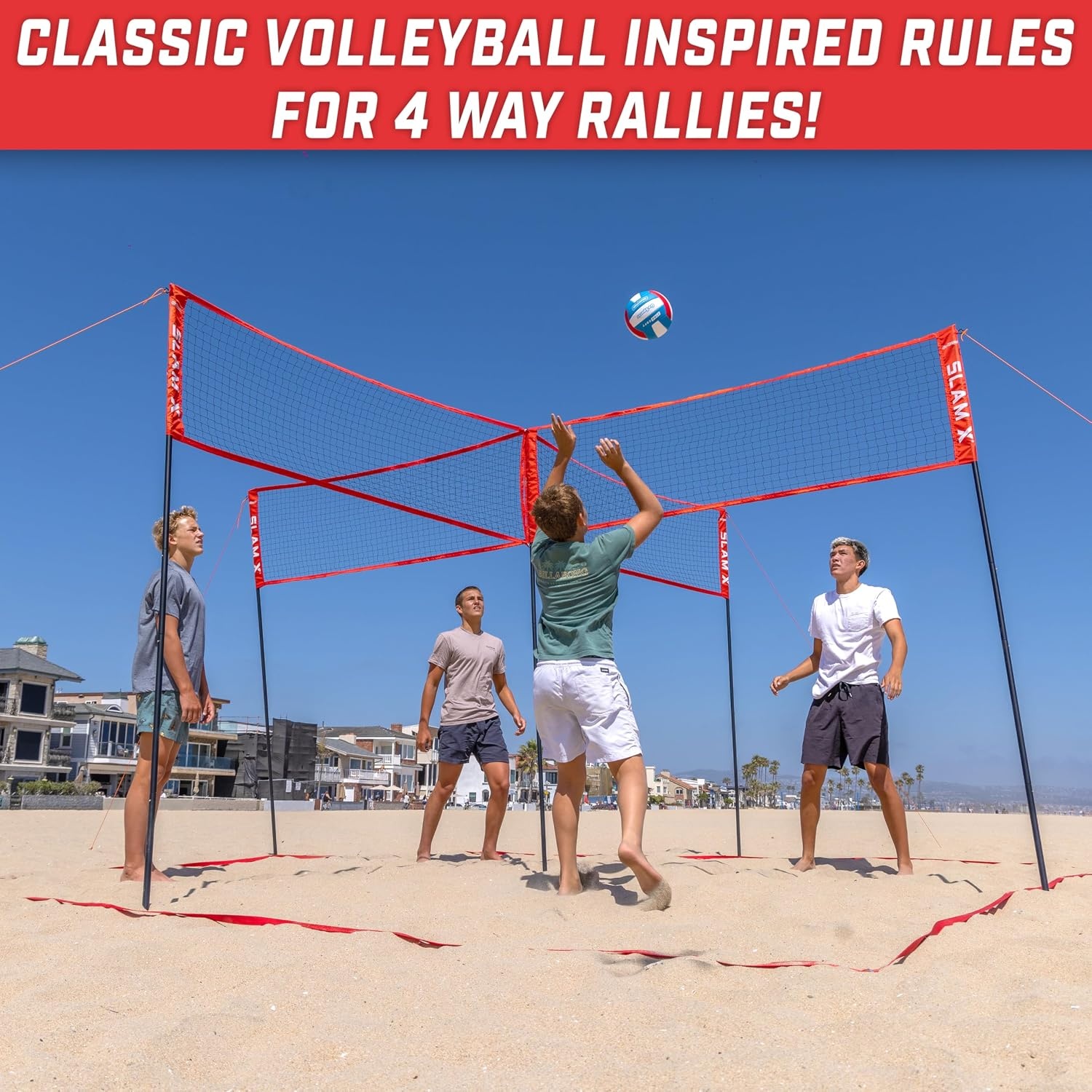 GoSports Slam X 4 Square Volleyball Game Set – 14 ft or 21 ft – Ultimate Backyard & Beach Game for All Skill Levels(14 x 14 ft)