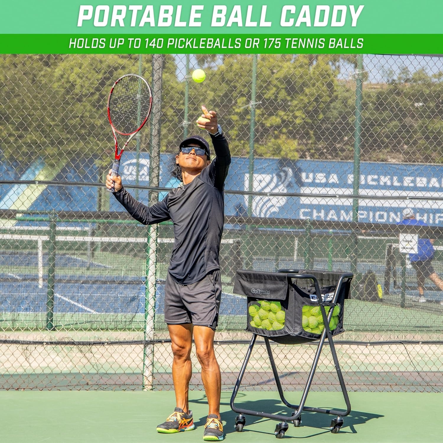 GoSports Ball Caddy with Wheels – Portable Cart Holds 140 Pickleballs or 175 Tennis Balls