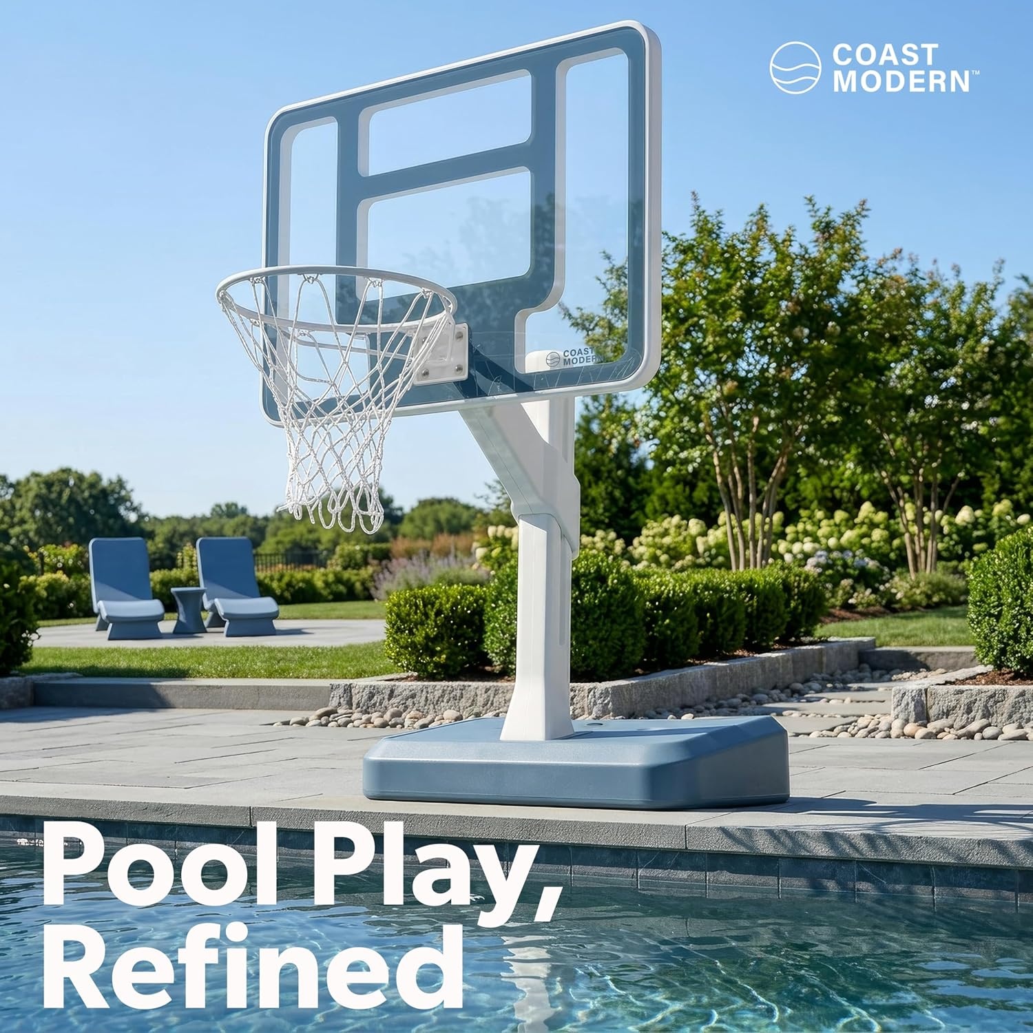 Coast Modern Pool Basketball Hoop with Adjustable Height – Poolside Basketball Hoop with Weighted Base, Premium Acrylic Backboard, & 18″ Steel Rim