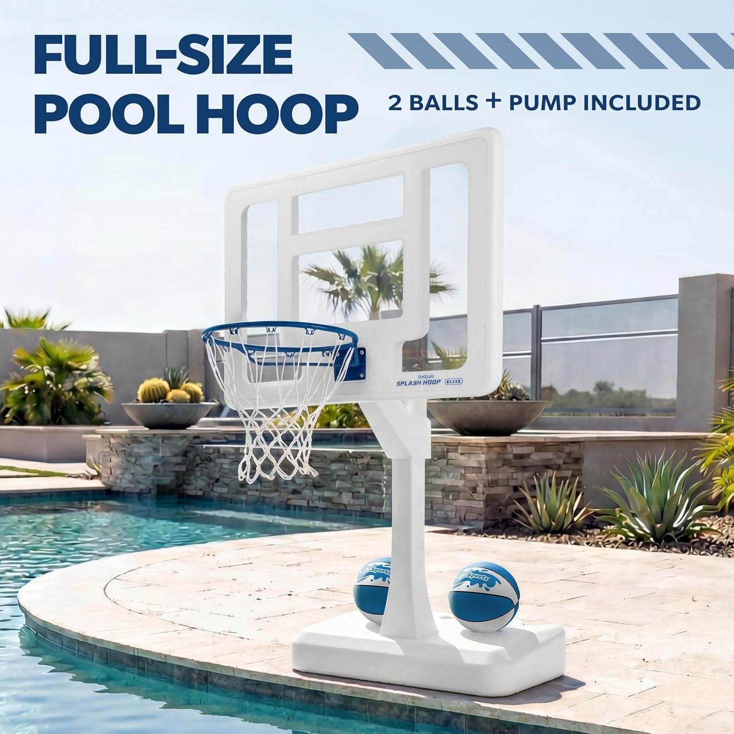 GoSports Splash Hoop Elite Swimming Pool Basketball Hoop – Adjustable Height Poolside Basketball Goal with Heavy Duty Weighted Base, Regulation Rim & 2 Pool Basketballs(Elite Adjustable – White)