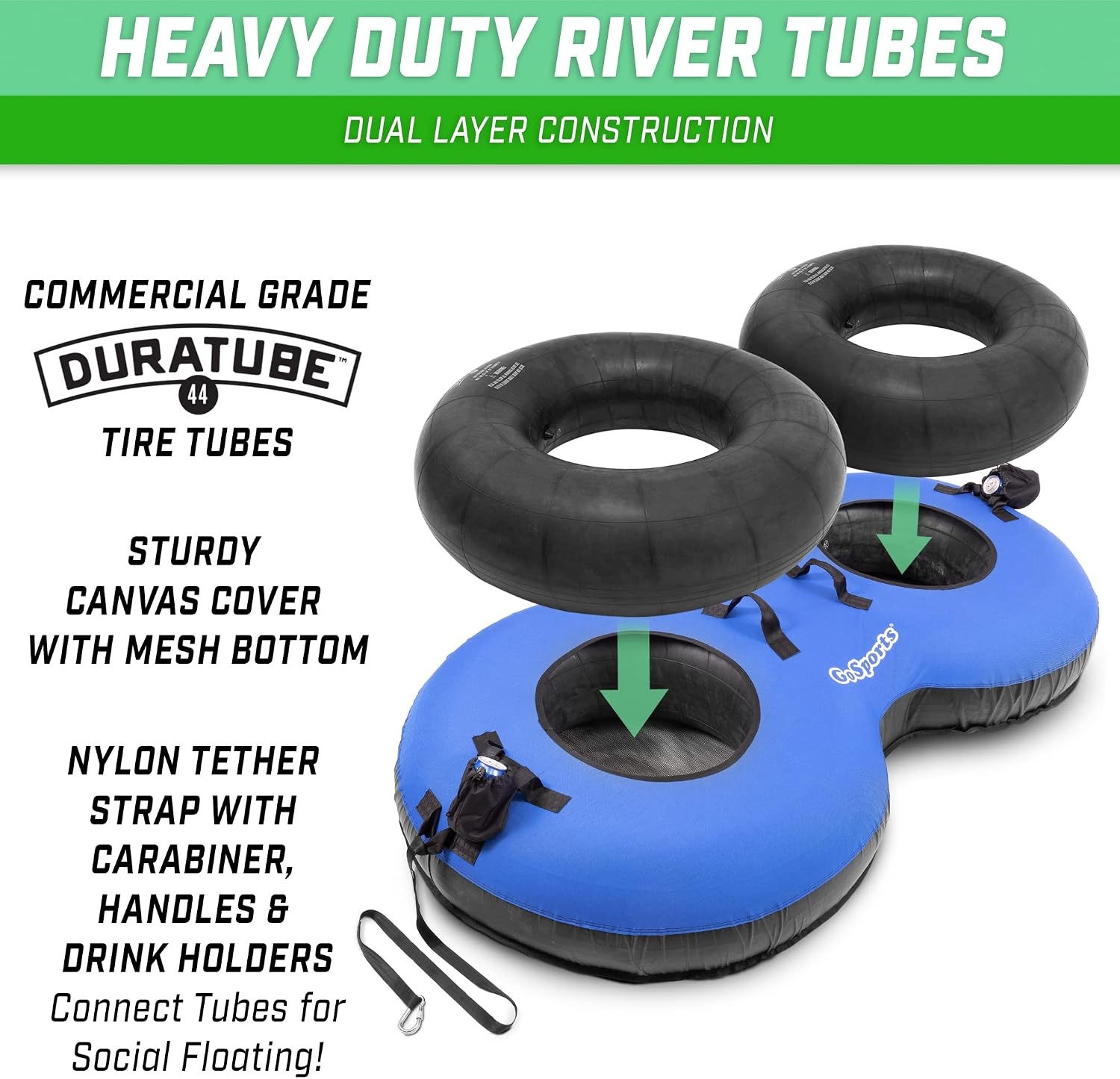 GoSports Heavy-Duty 2 Person Floating River Tube with Premium Canvas Cover-Commercial Grade Double River Tube-Blue