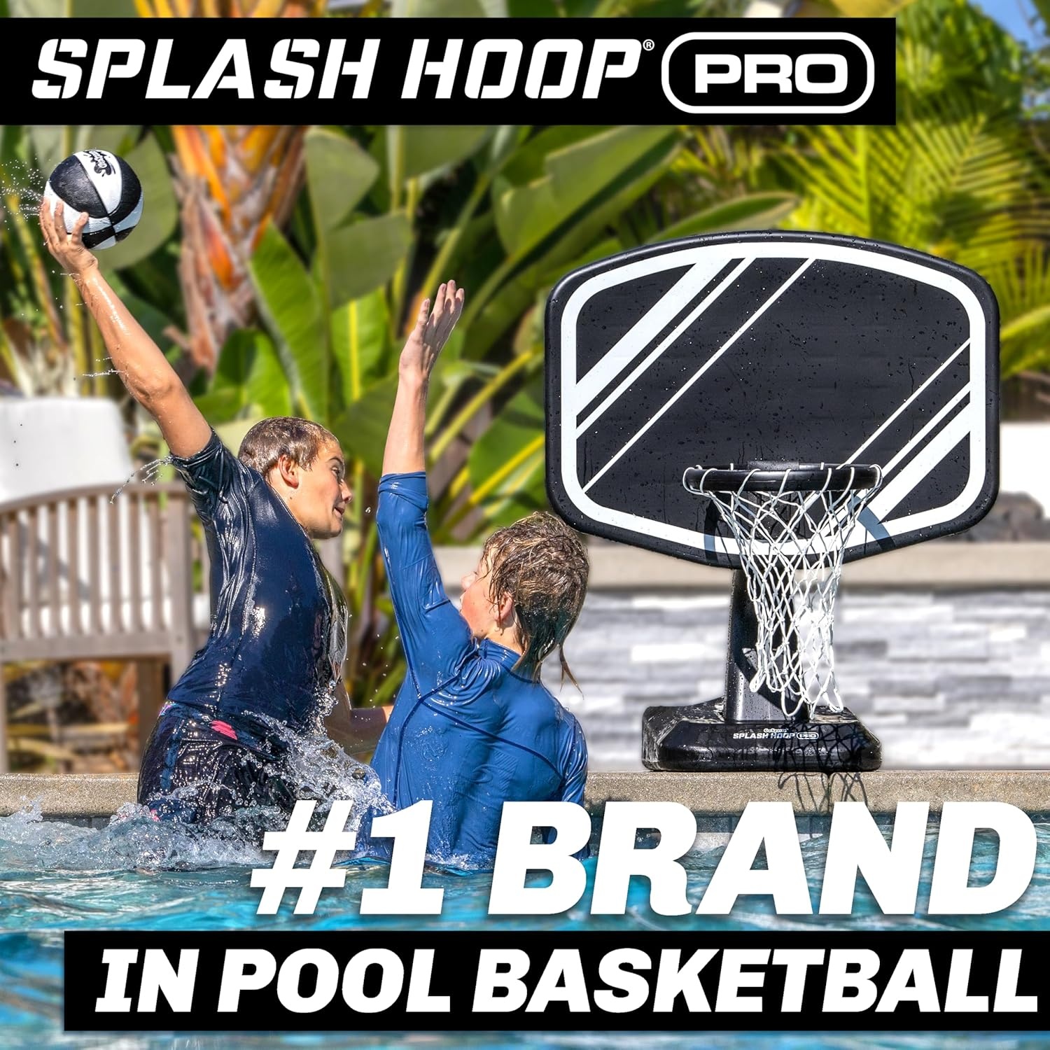 GoSports Splash Hoop PRO Pool Basketball Game – Modern Poolside Basketball Hoop with Backboard, Ball & Pump – Swimming Pool Basketball Hoop for Inground & Above Ground Pools(Black)