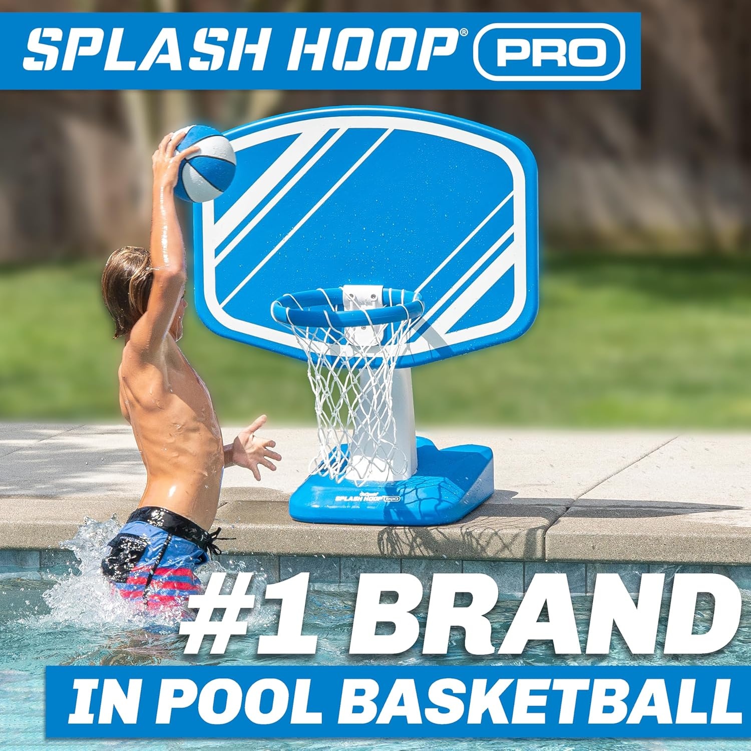 GoSports Splash Hoop PRO Pool Basketball Game – Modern Poolside Basketball Hoop with Backboard, Ball & Pump – Swimming Pool Basketball Hoop for Inground & Above Ground Pools(Blue)