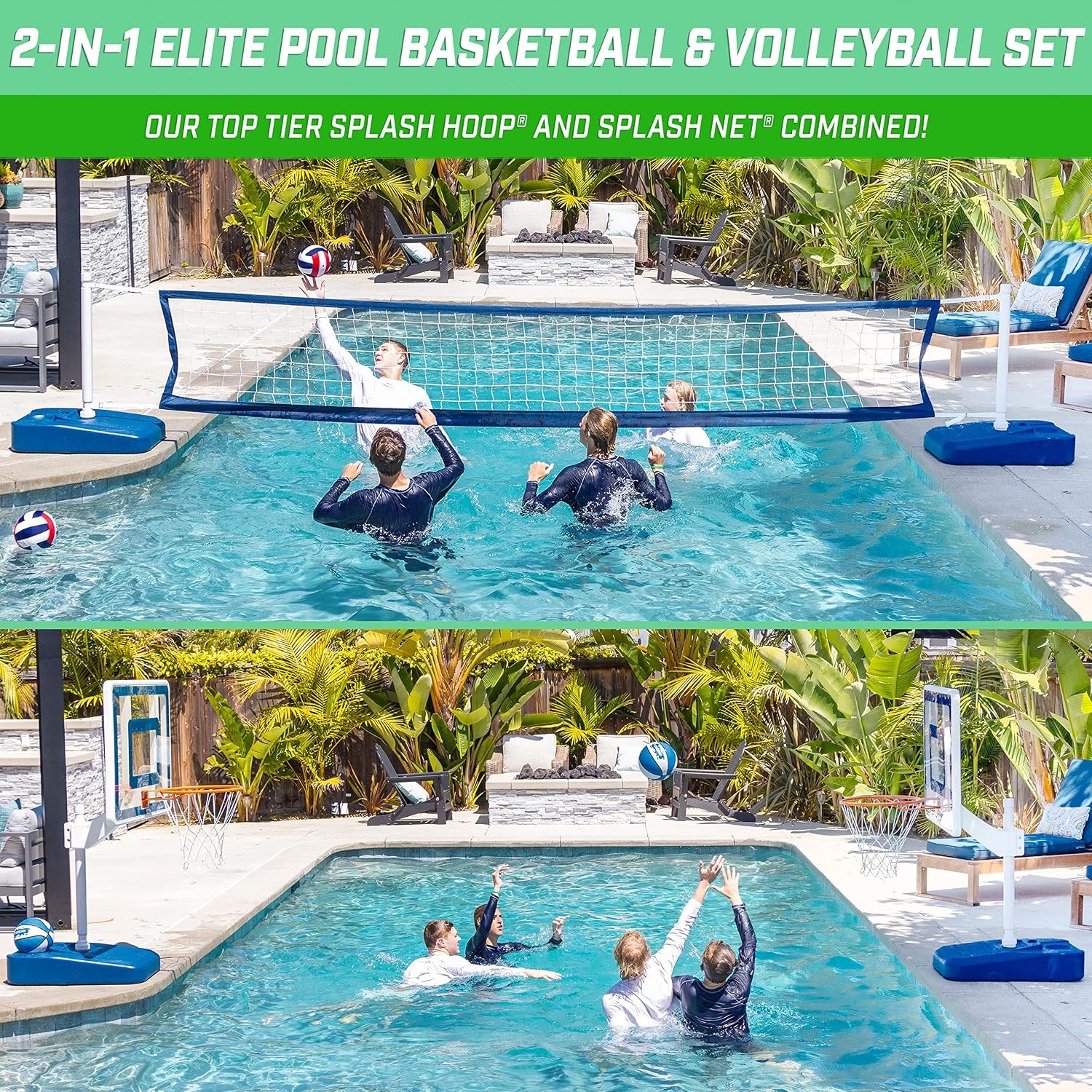 GoSports Splash Hoop Elite 2-in-1 Full Court Pool Basketball & Volleyball Game Set