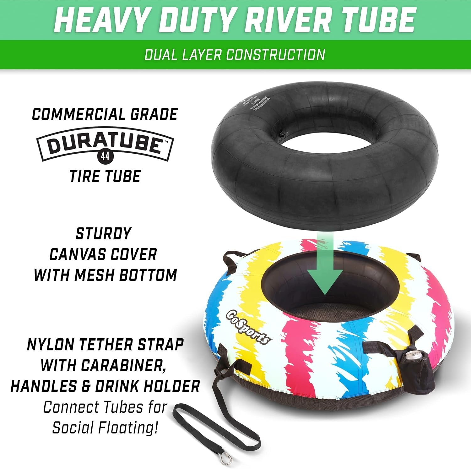GoSports 44 Inch Heavy-Duty River Tube with Premium Canvas Cover – Commercial Grade River Tube – Stars & Stripes(Retro)