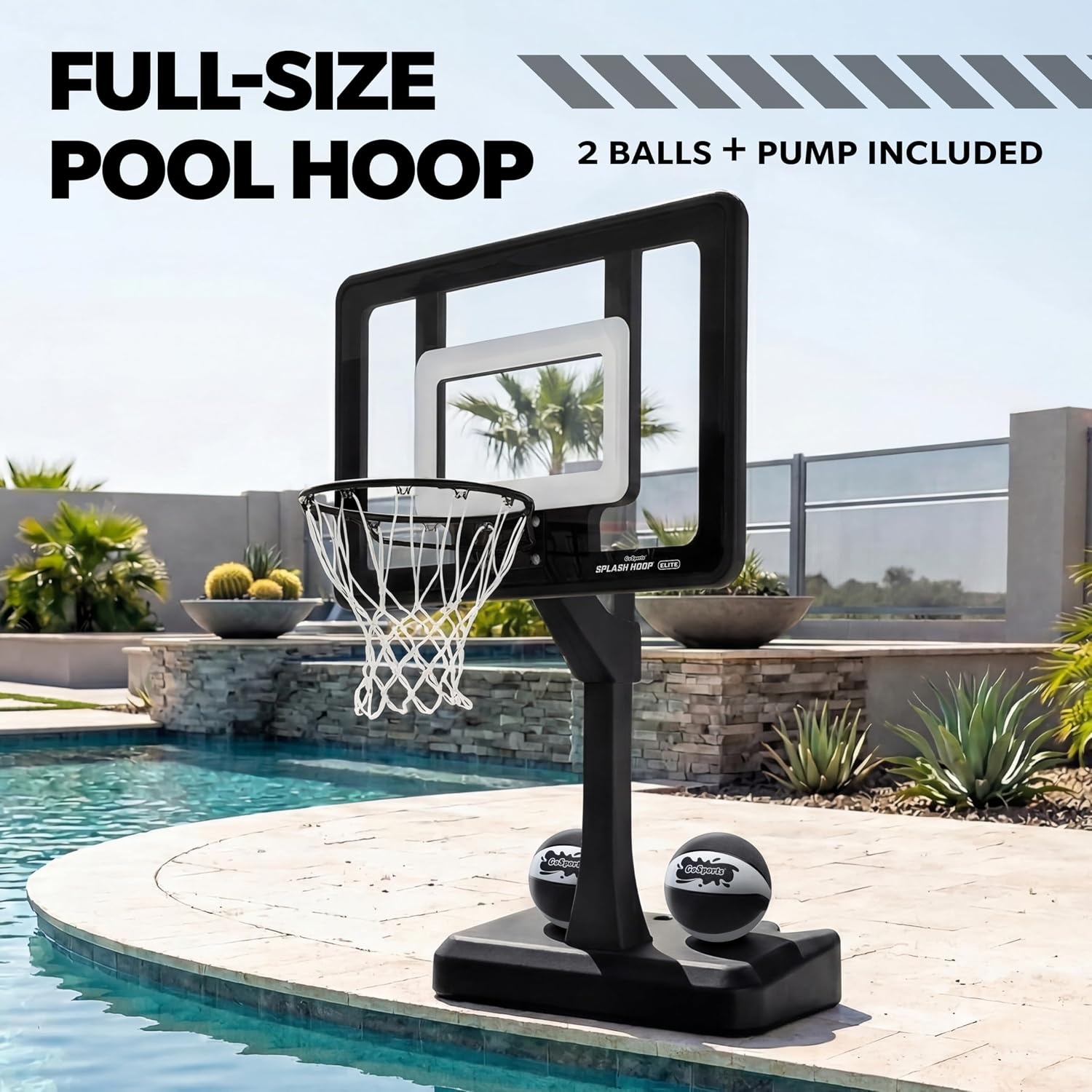 GoSports Splash Hoop Elite Swimming Pool Basketball Hoop – Adjustable Height Poolside Basketball Goal with Heavy Duty Weighted Base, Regulation Rim & 2 Pool Basketballs(Elite Adjustable – Black)