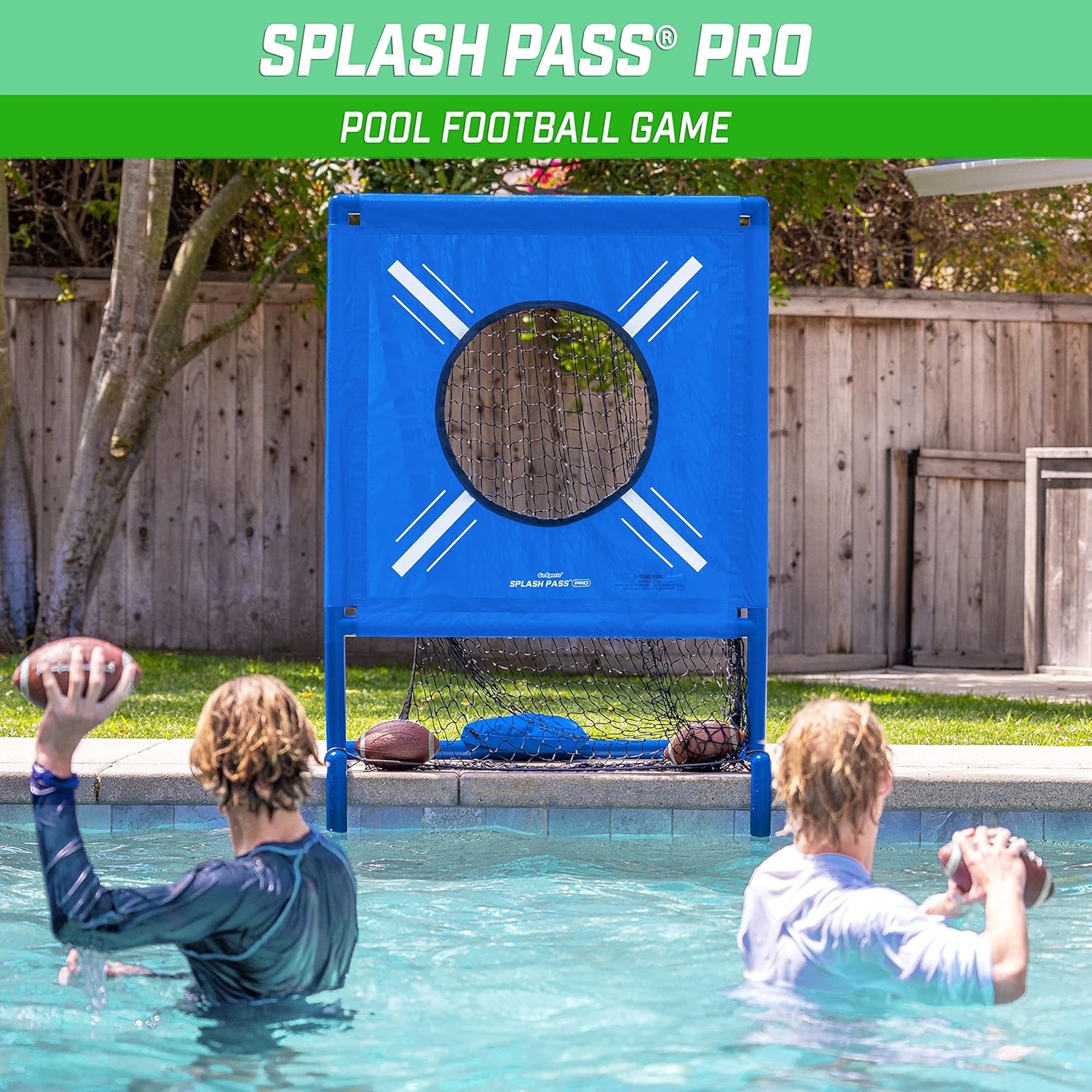 GoSports Splash Pass PRO Pool Football Game – Includes 4 Footballs, 4 Baseballs, and Ball Pump