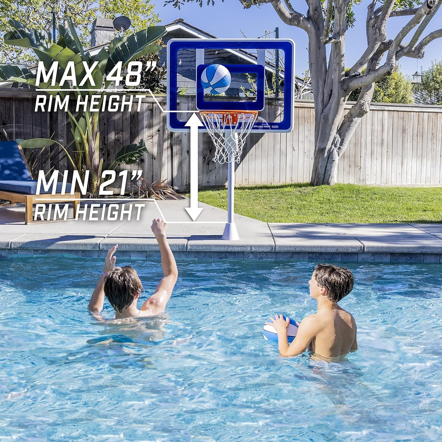 GoSports Deck-Mounted Splash Hoop Elite Inground Pool Basketball Game with Regulation Rim, 2 Basketballs and Pump – Choose Your Style(Permanent Inground Base)