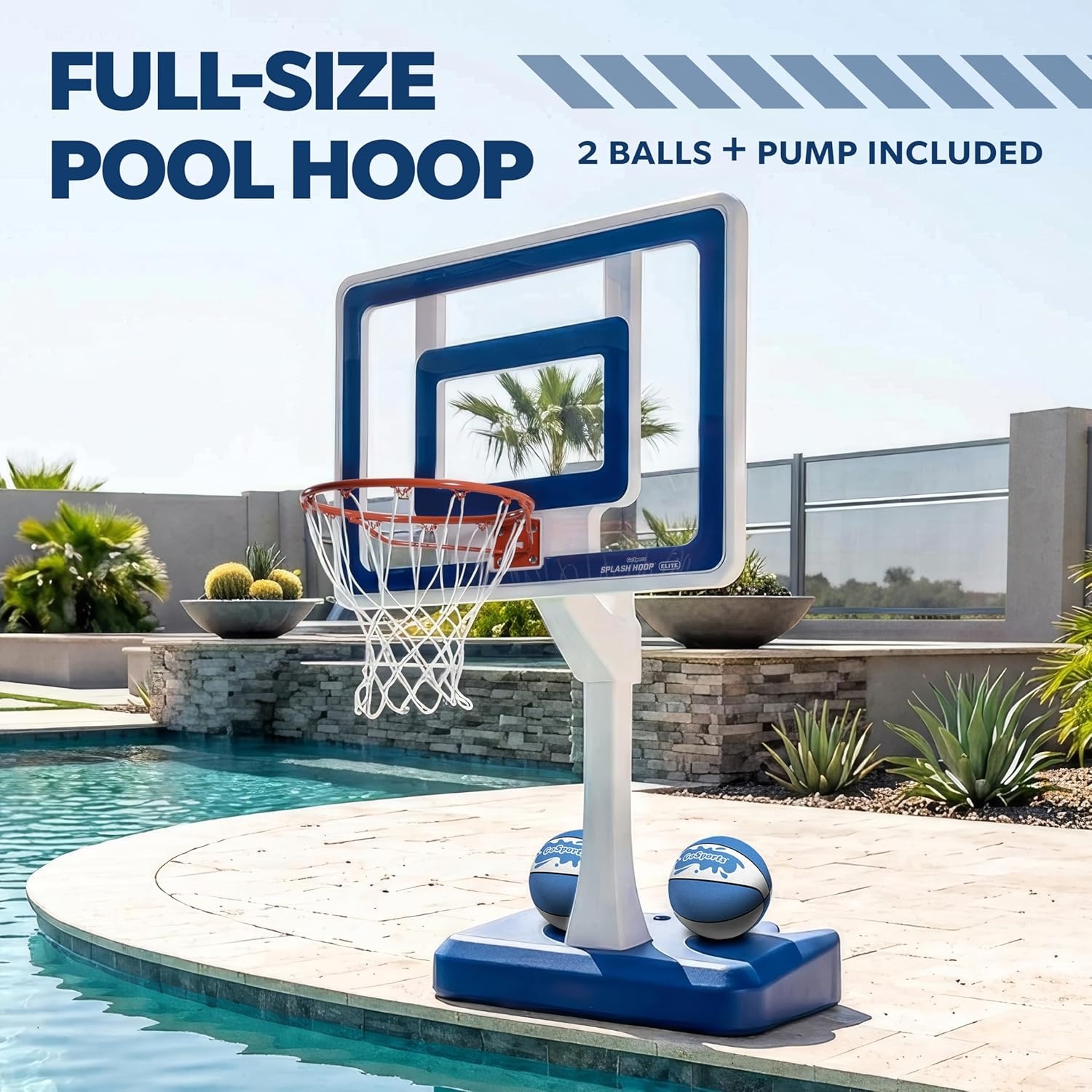 GoSports Splash Hoop Elite Swimming Pool Basketball Hoop – Adjustable Height Poolside Basketball Goal with Heavy Duty Weighted Base, Regulation Rim & 2 Pool Basketballs(Elite Adjustable – Blue)