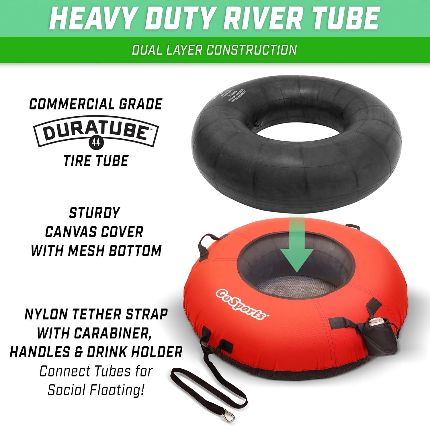 GoSports 44 Inch Heavy-Duty River Tube with Premium Canvas Cover – Commercial Grade River Tube – Stars & Stripes(Red)