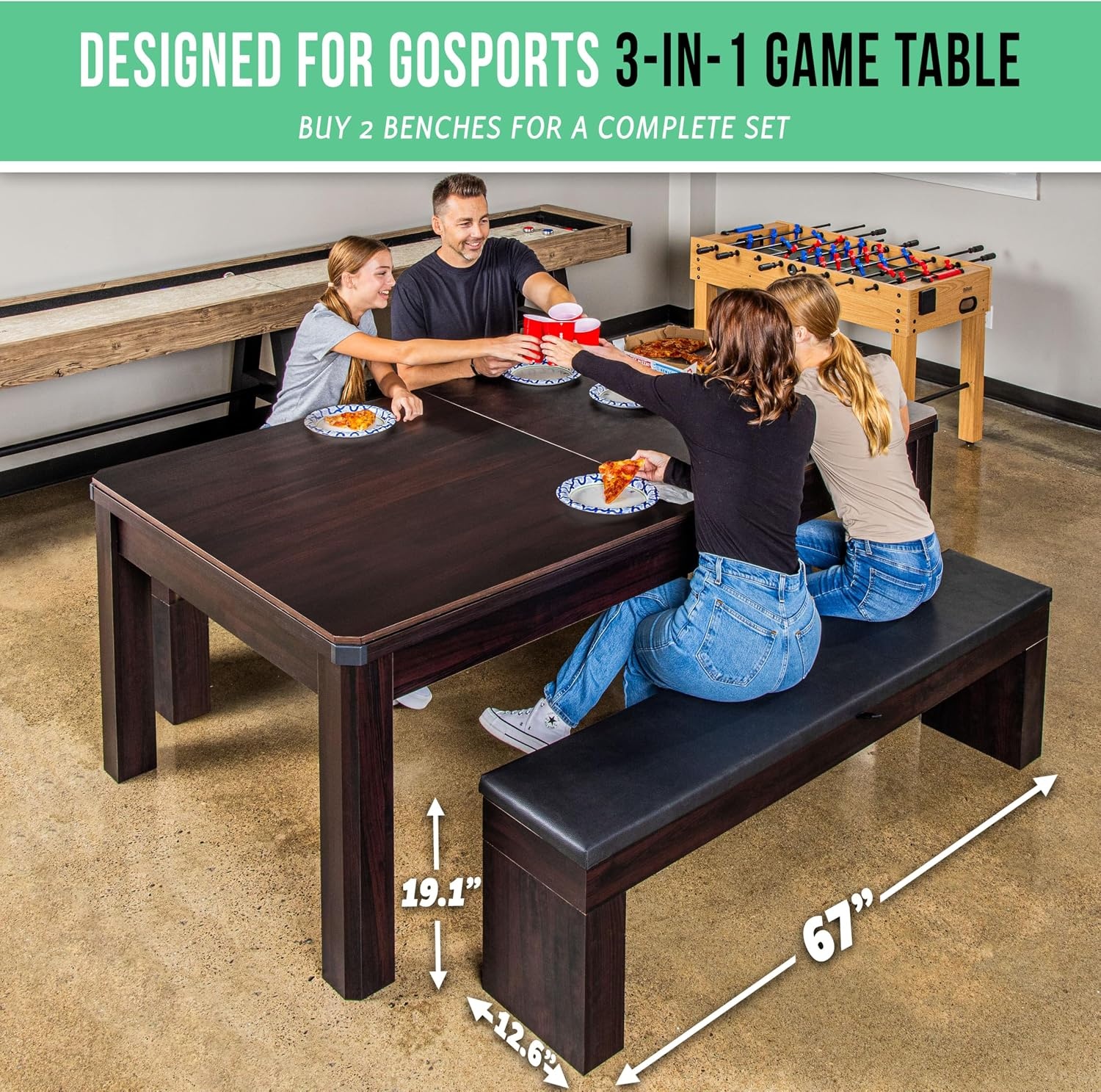 GoSports 3 in 1 Pool, Dining, & Table Tennis Combo Table and Storage Benches – 7 ft or 8 ft – Convertible Billiards and Table Tennis with Accessories(Dark Wood Bench)