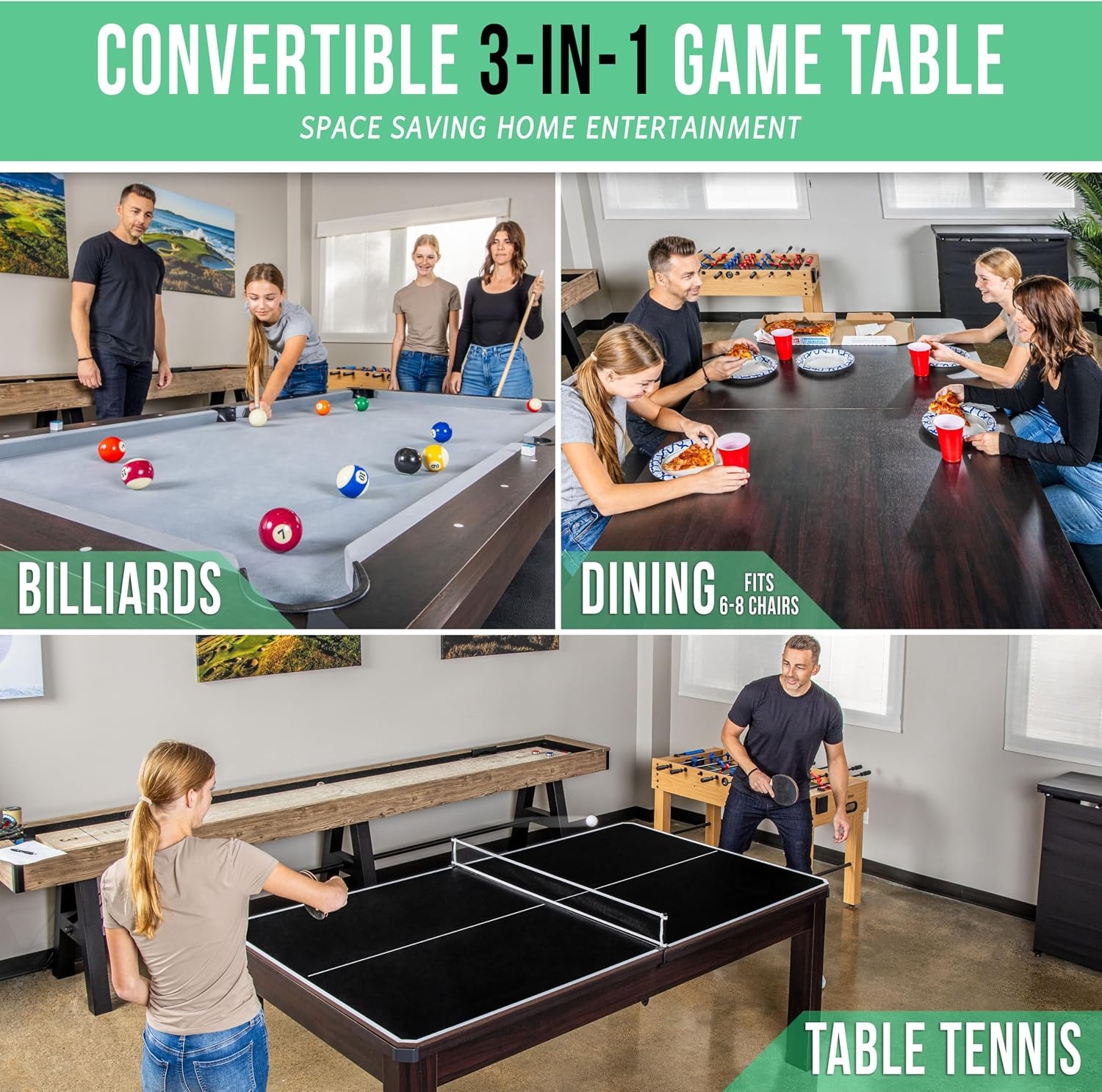 GoSports 3 in 1 Pool, Dining, & Table Tennis Combo Table and Storage Benches – 7 ft or 8 ft – Convertible Billiards and Table Tennis with Accessories(7 ft Dark Oak Table)