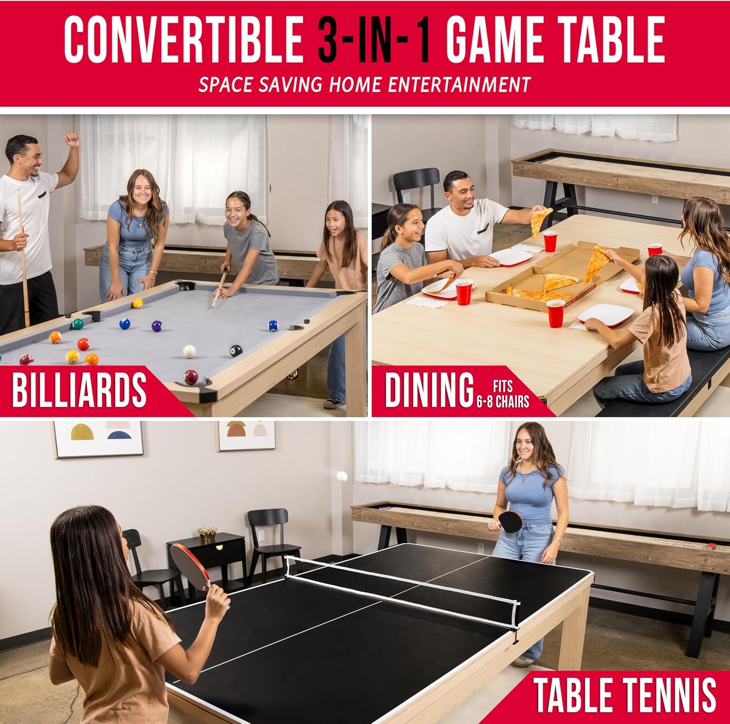 GoSports 3 in 1 Pool, Dining, & Table Tennis Combo Table and Storage Benches – 7 ft or 8 ft – Convertible Billiards and Table Tennis with Accessories(8 ft Light Birch Table)