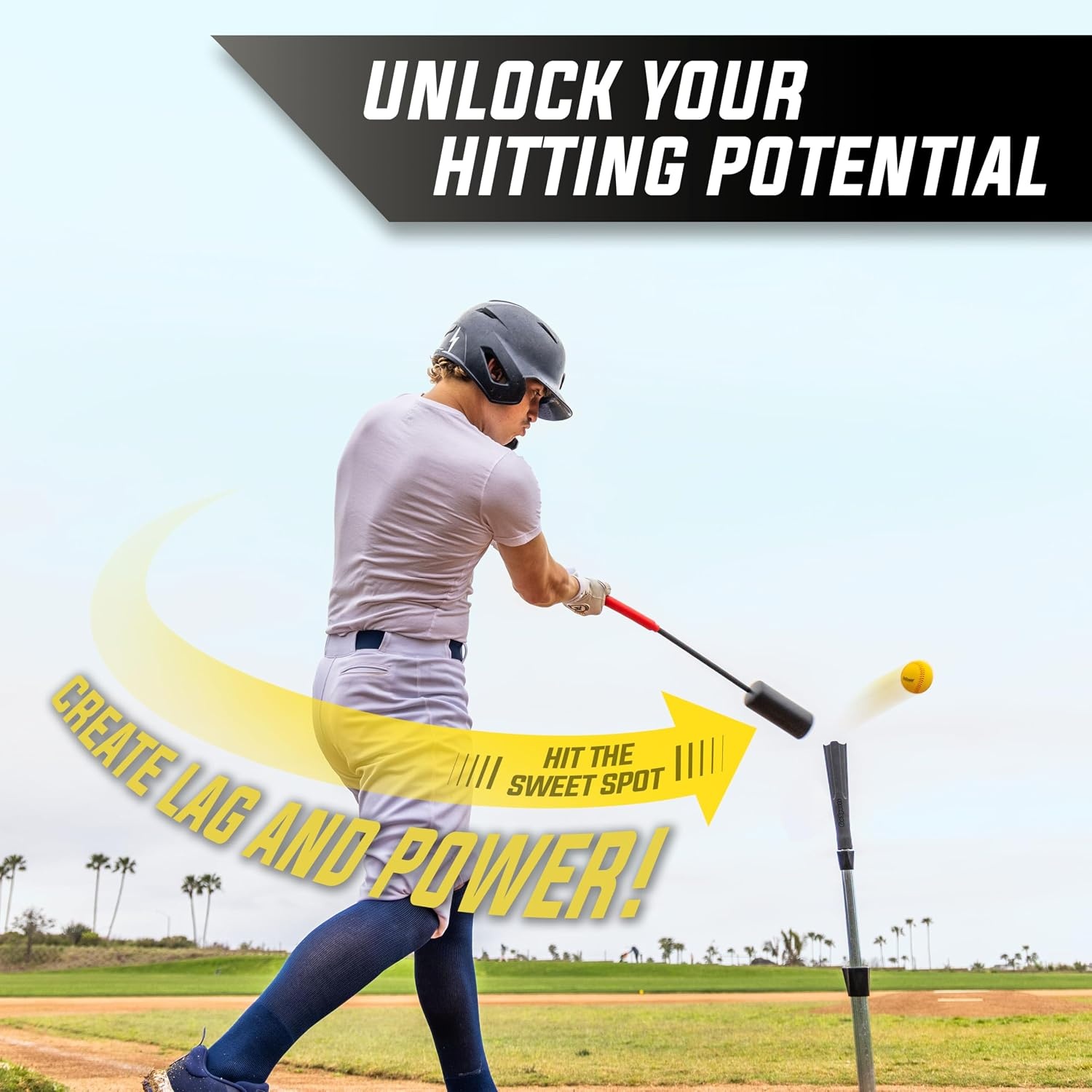 GoSports Baseball & Softball Rope Swing Trainer – Hitting System Training Equipment – Includes FLO BAT with 12 Foam Baseballs & Tote Bag