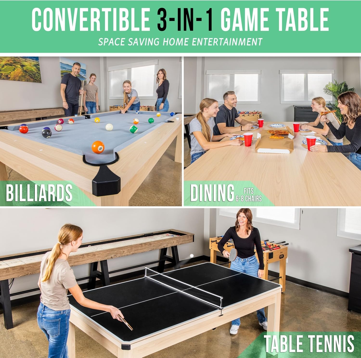 GoSports 3 in 1 Pool, Dining, & Table Tennis Combo Table and Storage Benches – 7 ft or 8 ft – Convertible Billiards and Table Tennis with Accessories(7 ft Light Birch Table)