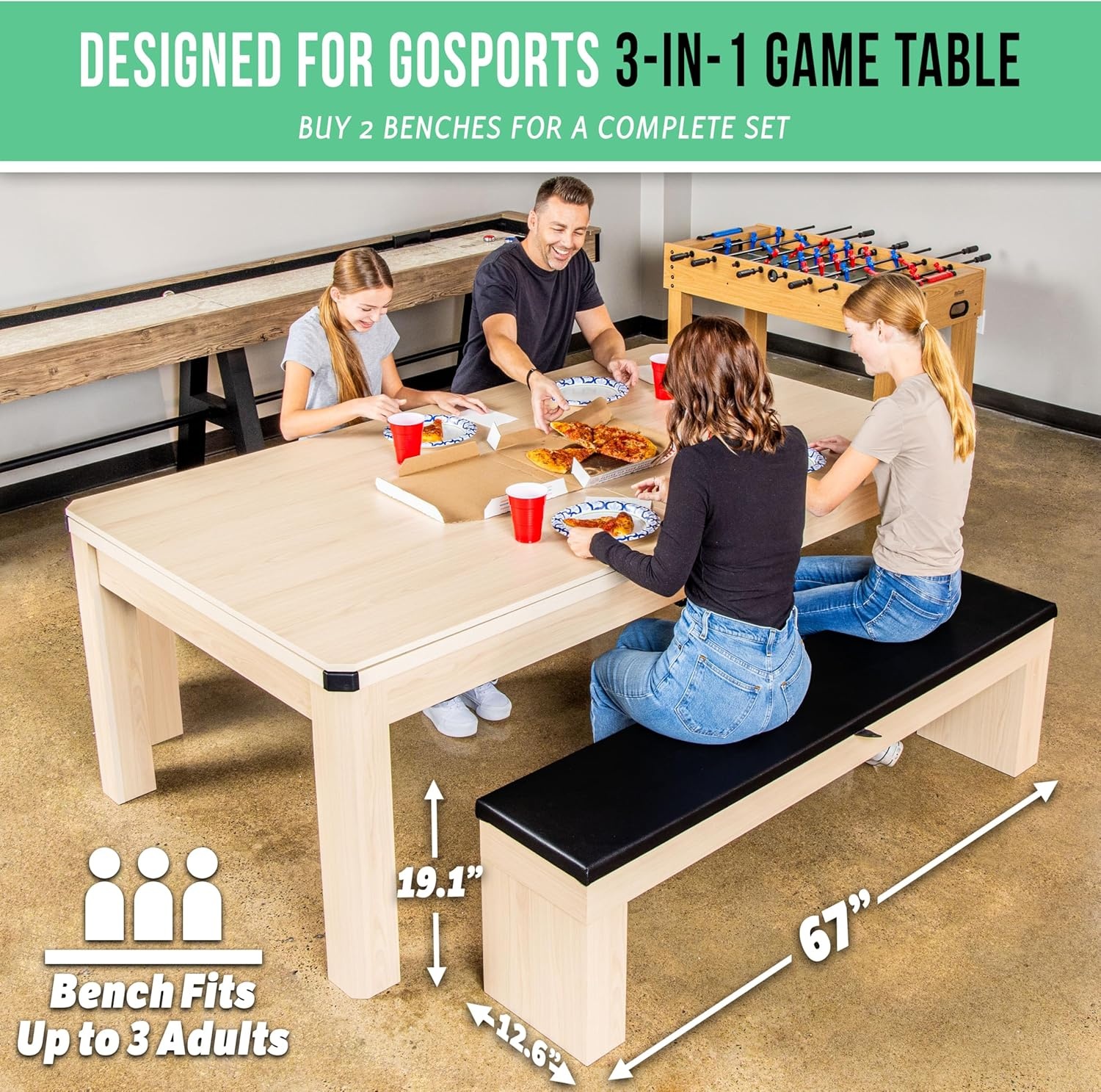 GoSports 3 in 1 Pool, Dining, & Table Tennis Combo Table and Storage Benches – 7 ft or 8 ft – Convertible Billiards and Table Tennis with Accessories(Light Wood Bench)