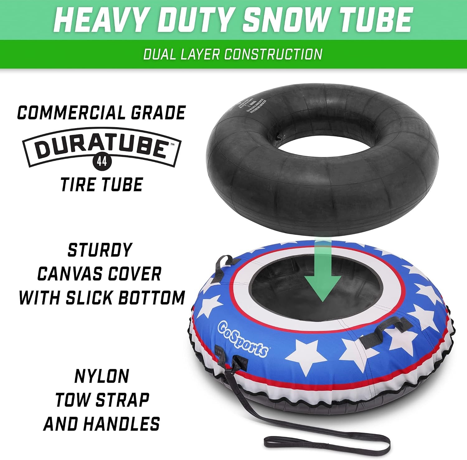 GoSports 44 Inch Heavy-Duty Winter Snow Tube with Premium Canvas Cover – Choose Your Style – Commercial Grade Sled(Red  White & Blue)