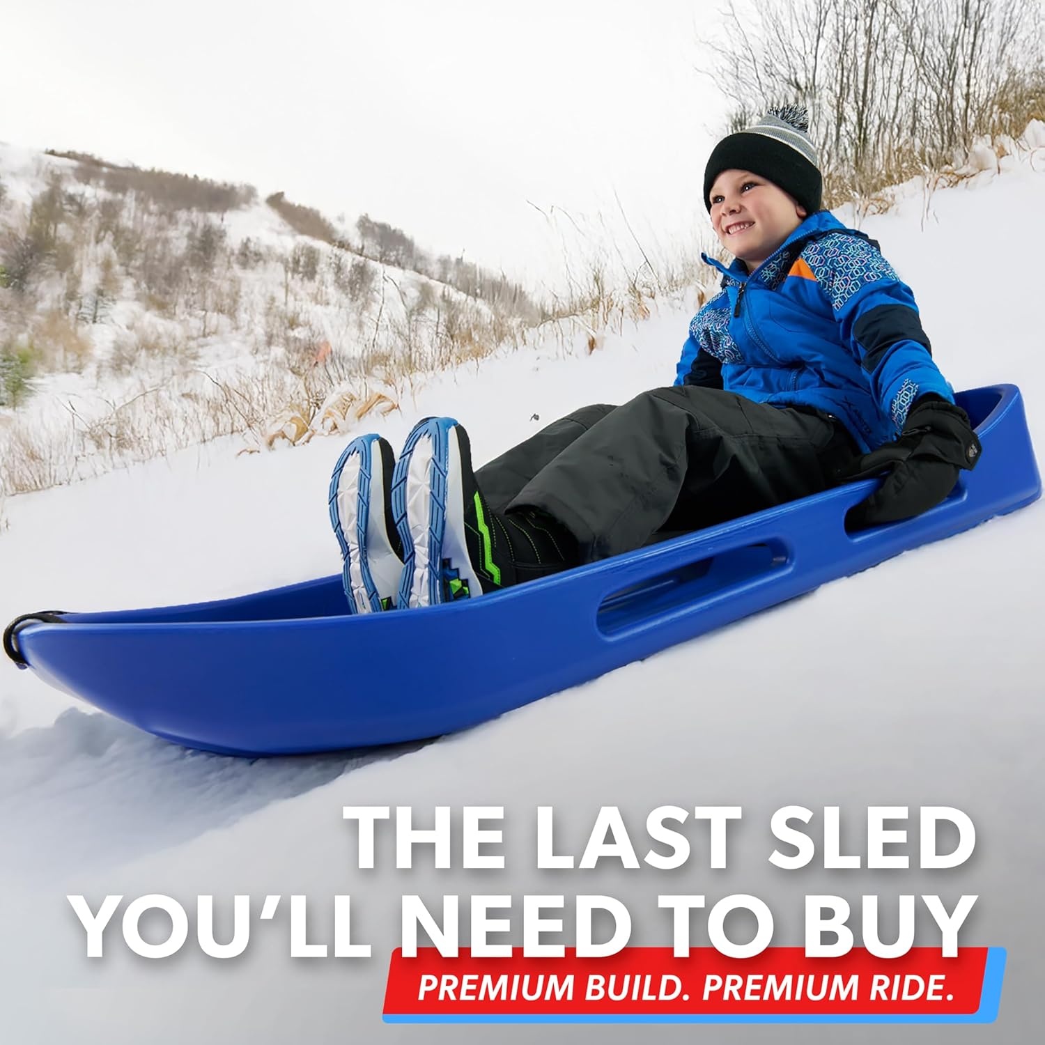 GoSports 2 Person Premium Snow Sled – Choose Red or Blue – Double Walled Construction, Pull Strap and Padded Seat(Blue)