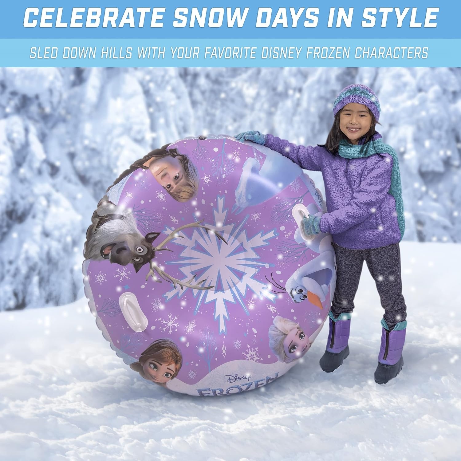 GoFloats Winter Snow Tubes – Choose from Unicorn, Disney’s Frozen, Ice Dragon, Polar Bear, Penguin, Flamingo – Inflatable Sled for Kids and Adults(purple)