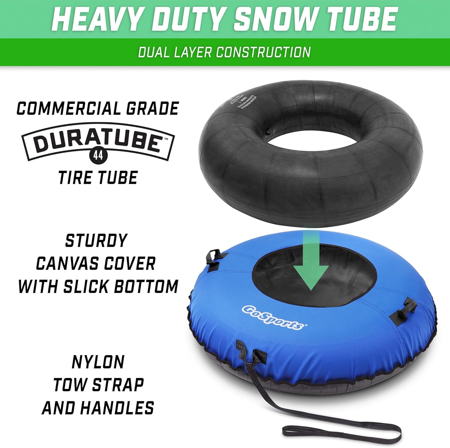 GoSports 44 Inch Heavy-Duty Winter Snow Tube with Premium Canvas Cover – Choose Your Style – Commercial Grade Sled(Blue)