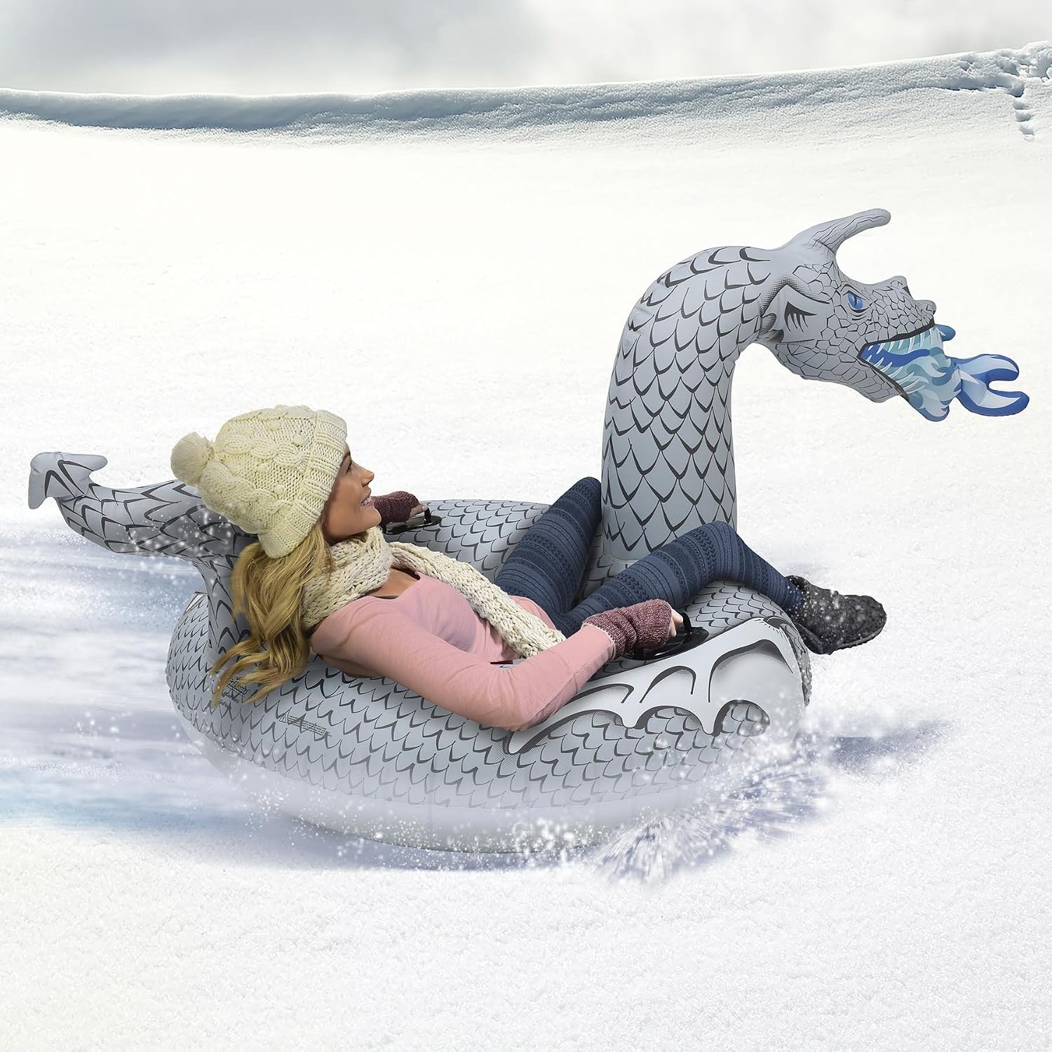 GoFloats Winter Snow Tubes – Choose from Unicorn, Disney’s Frozen, Ice Dragon, Polar Bear, Penguin, Flamingo – Inflatable Sled for Kids and Adults(Ice Dragon)