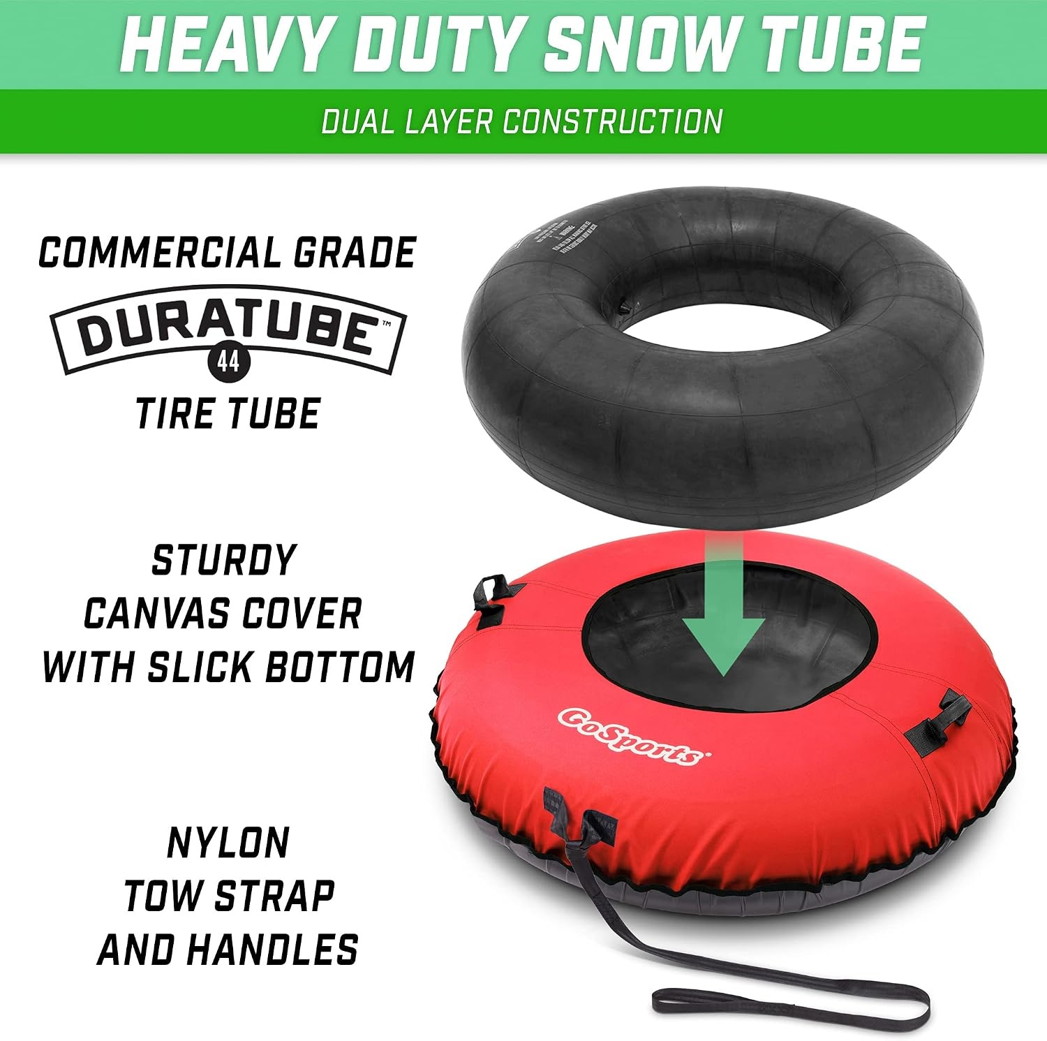 GoSports 44 Inch Heavy-Duty Winter Snow Tube with Premium Canvas Cover – Choose Your Style – Commercial Grade Sled(Red)