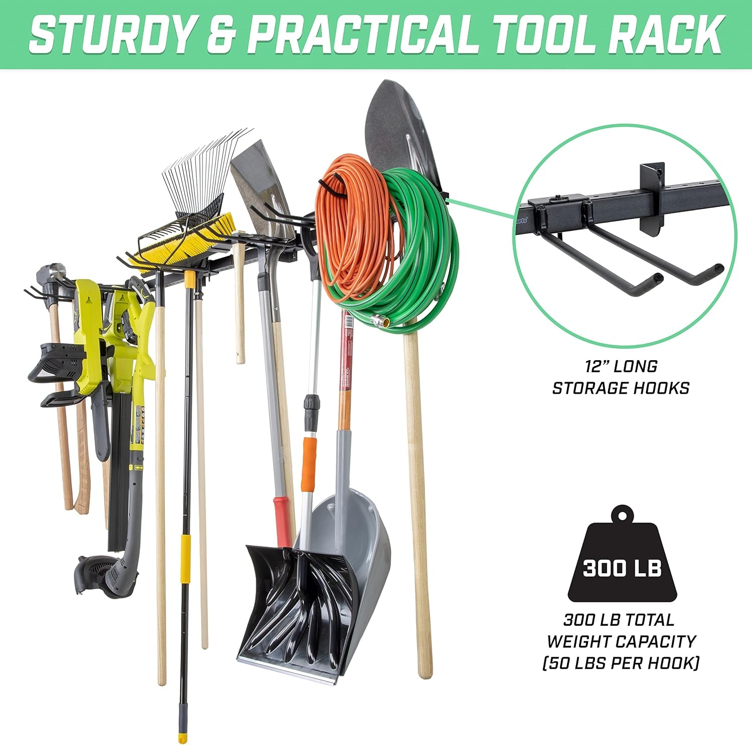 GoSports Wall Mounted Garage Yard Tool Organizer – Adjustable Storage Rack for Garden and Shop Tools