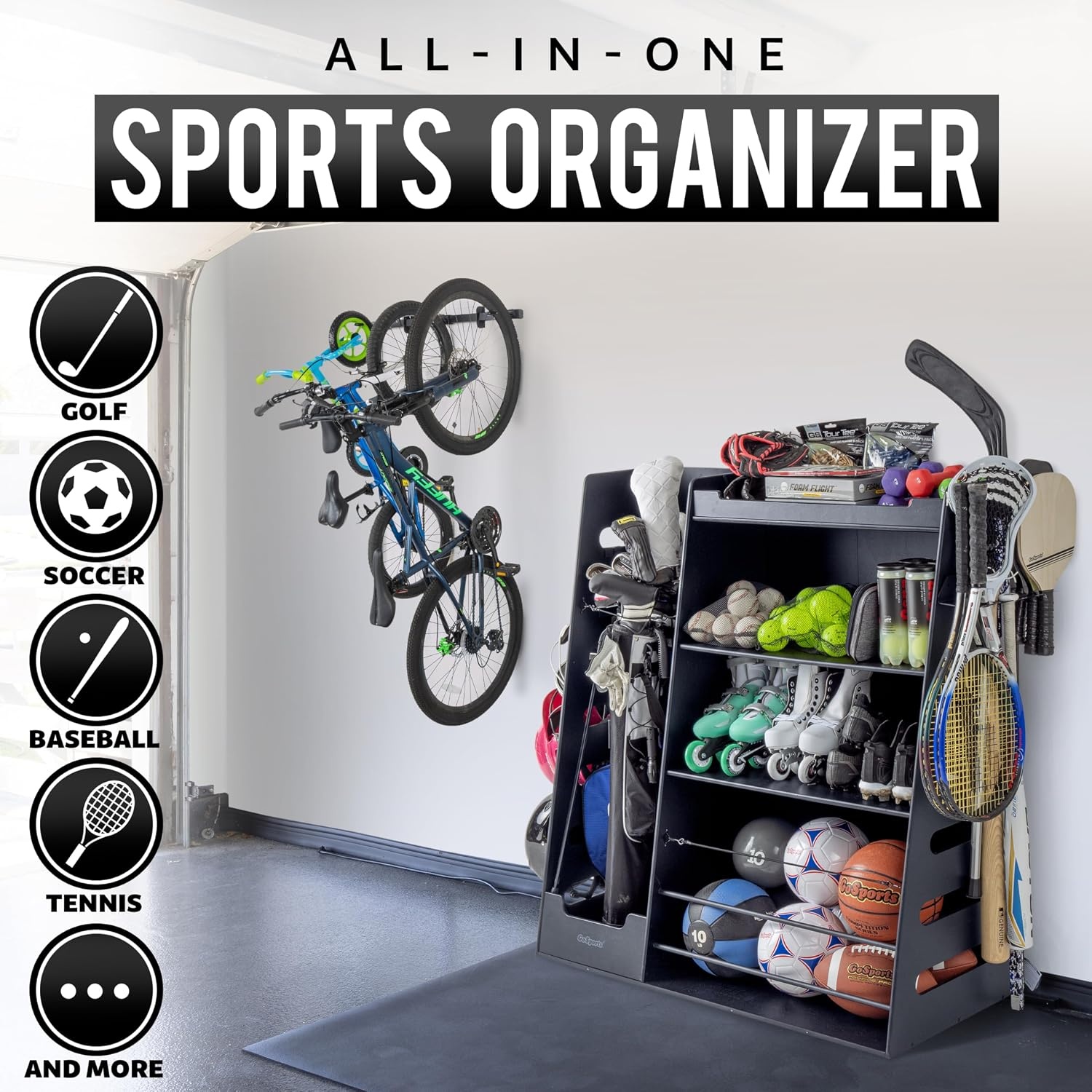 GoSports Premium Wooden Sports Equipment Organizer with Storage Hooks – Golf Bag Rack and Multi-Sport Ball Bin for Garage