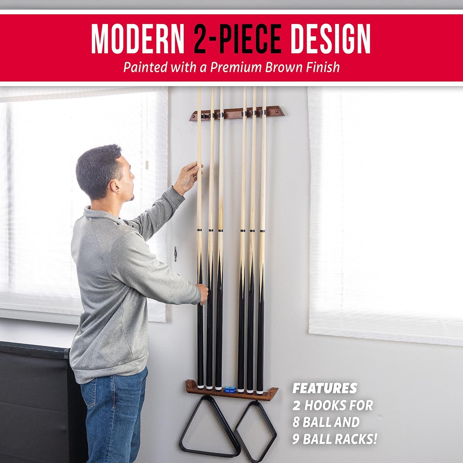 GoSports Wall Mounted Pool Cue Stick Holder – Holds 6 Cues and 2 Triangle Racks – Multiple Colors Available(Brown)