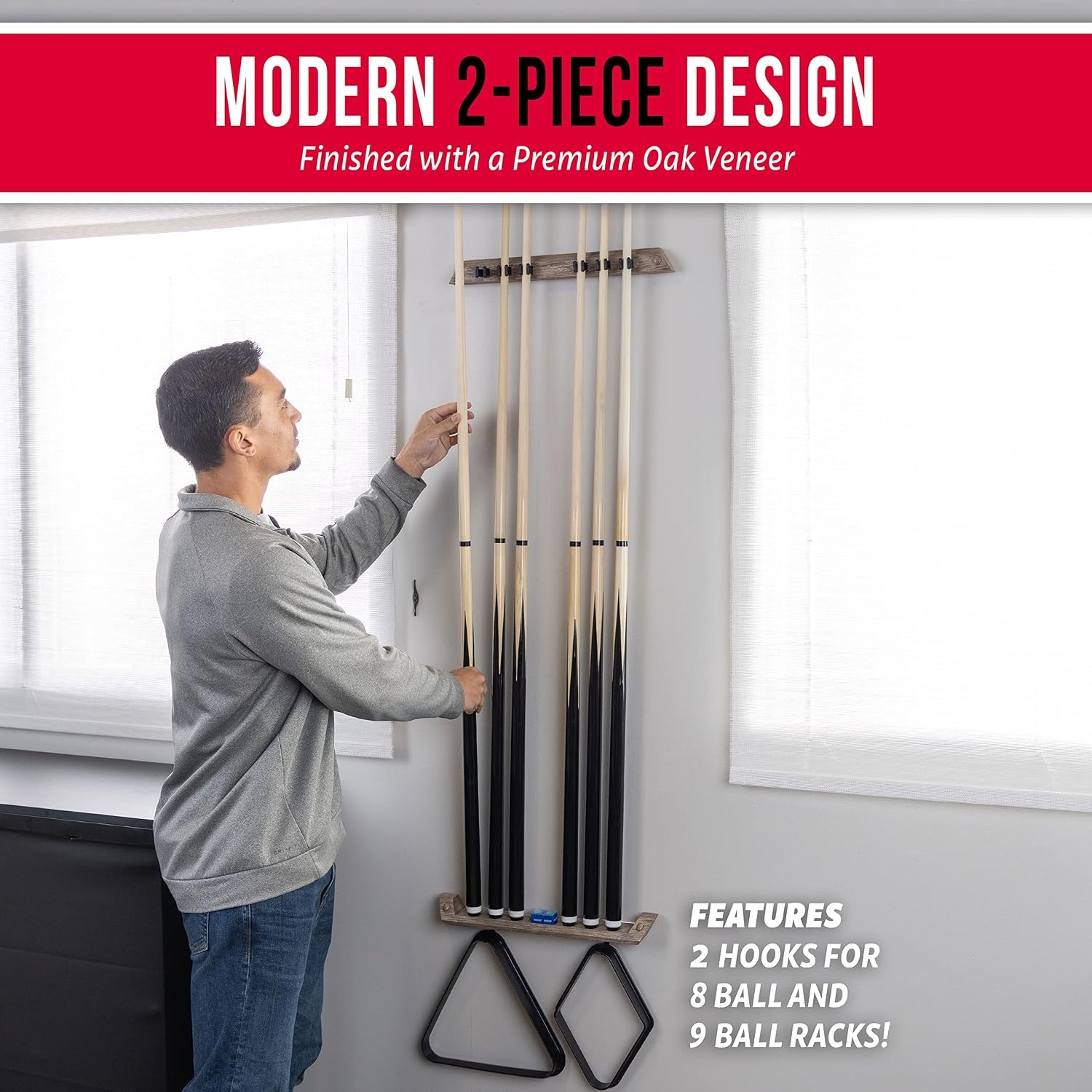 GoSports Wall Mounted Pool Cue Stick Holder – Holds 6 Cues and 2 Triangle Racks – Multiple Colors Available(Oak)
