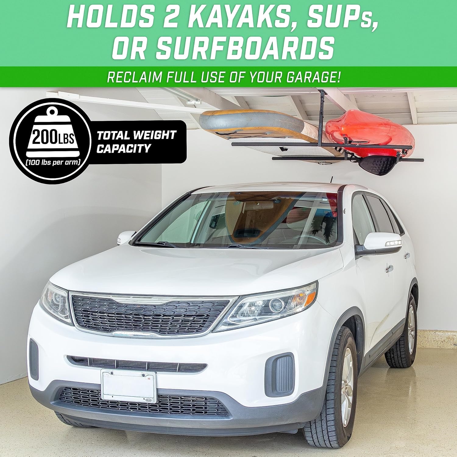GoSports Kayak Rack for Garage Ceiling Mount – Adjustable Storage Hangers for 2 Kayaks, SUPs, or Surfboards