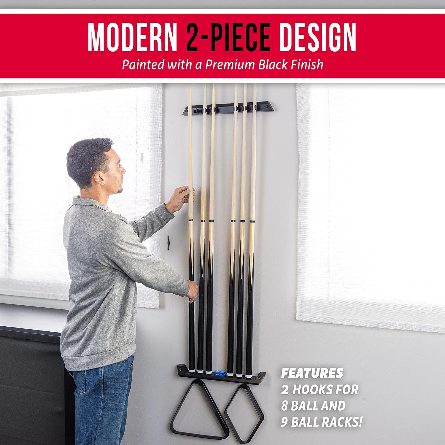 GoSports Wall Mounted Pool Cue Stick Holder – Holds 6 Cues and 2 Triangle Racks – Multiple Colors Available(Black)