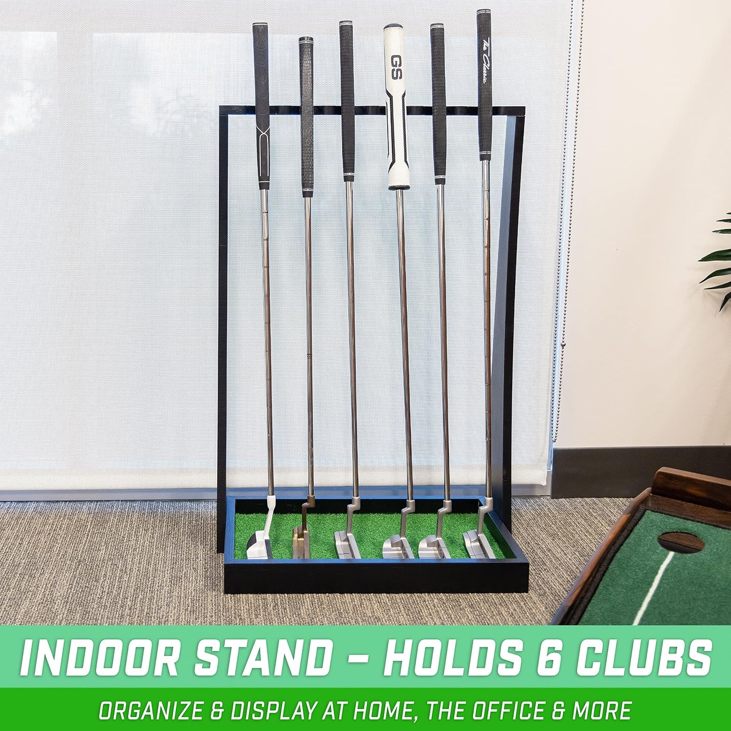GoSports Wooden Golf Putter Stand – Indoor Golf Club Display Rack Holds 6 Putters & Clubs – Premium Storage Organizer for Home or Office(Black)