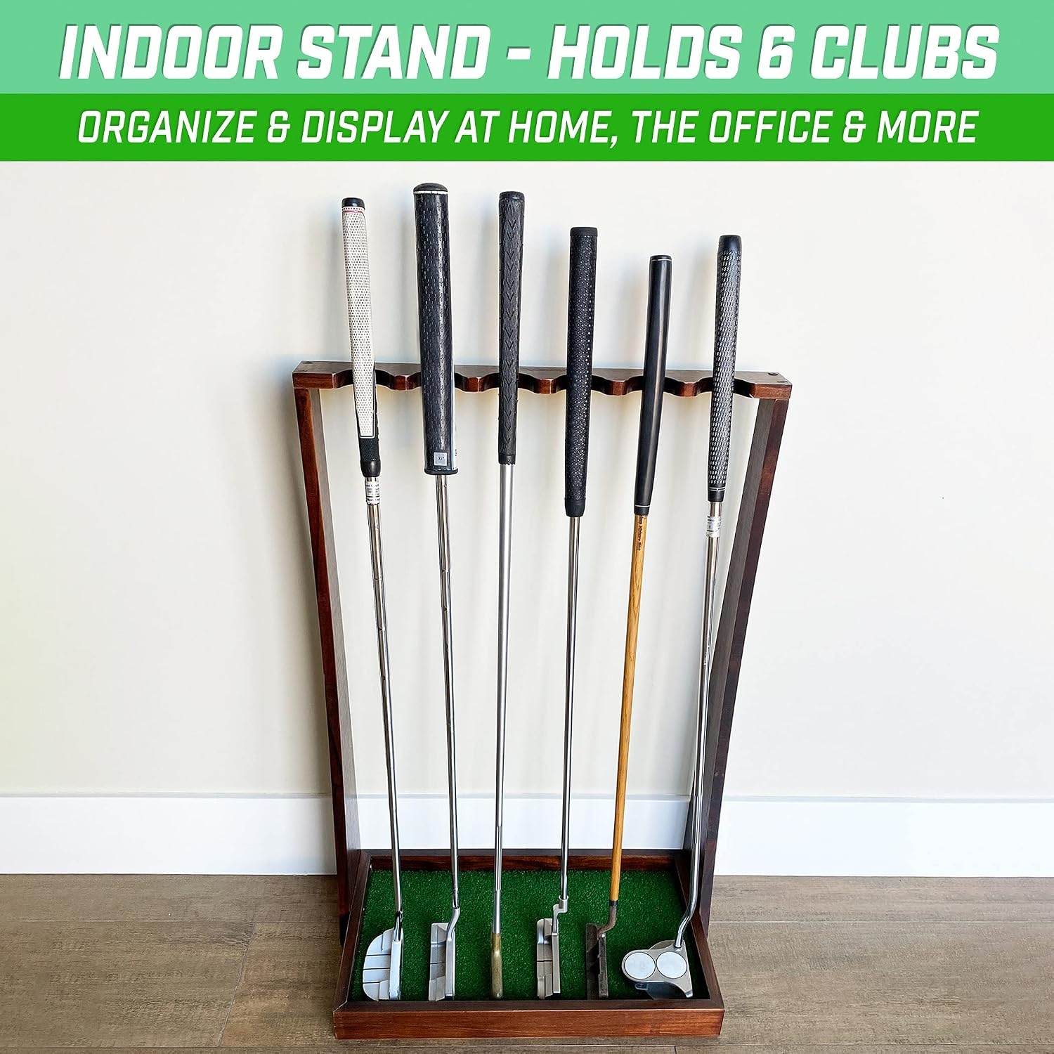 GoSports Wooden Golf Putter Stand – Indoor Golf Club Display Rack Holds 6 Putters & Clubs – Premium Storage Organizer for Home or Office(Brown)