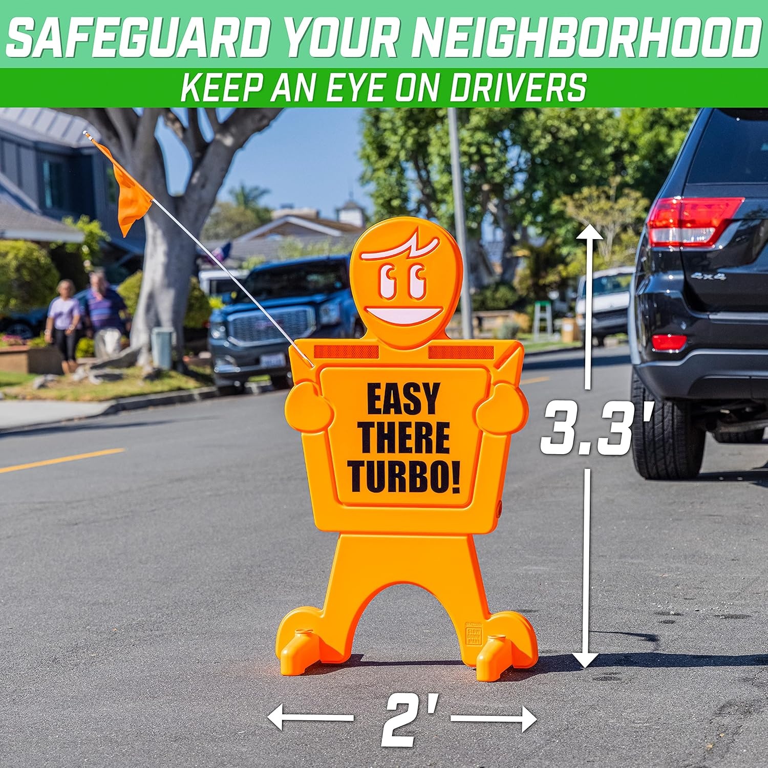 GoSports Slow Down Man  Street Safety Sign – 3 ft High Visibility Kids at Play Signage for Neighborhoods with 9 Decal Options and Flag