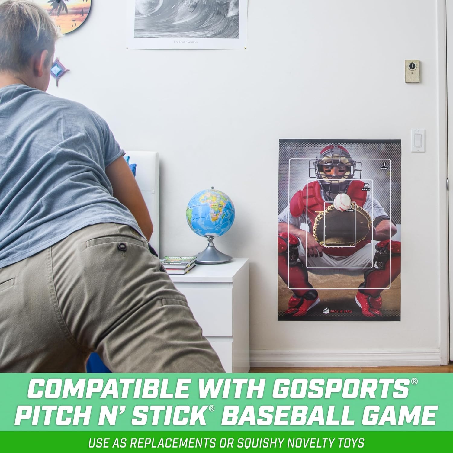 GoSports Pitch N’ Stick Kids Baseball Pitching Game – Choose Between Wall Poster Game Set or 4 Replacement Sticky Ball Baseballs(Without Target)